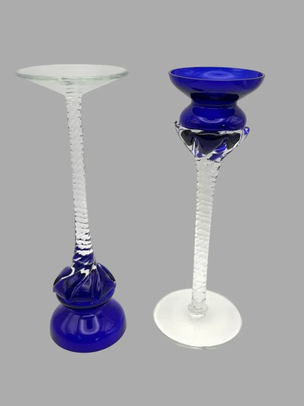 Vintage Romanian Hand Blown Art Glass Cobalt Blue Twist Stem Candle Holders Pair